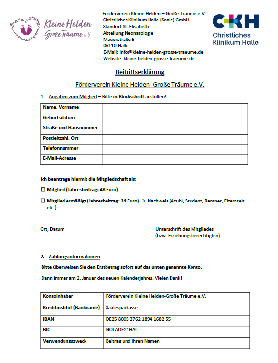 Beitrittserklärung Verein Kleine Helden – Große Träume e.V.
